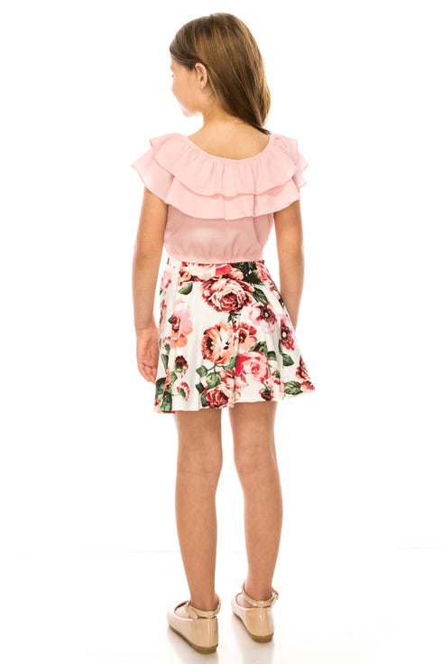 Just Kids Girls Ruffle Off Shoulder Top Denim Skirt 2 Piece Outfit with Necklace, Sizes 4-14 - SophiasStyle.com